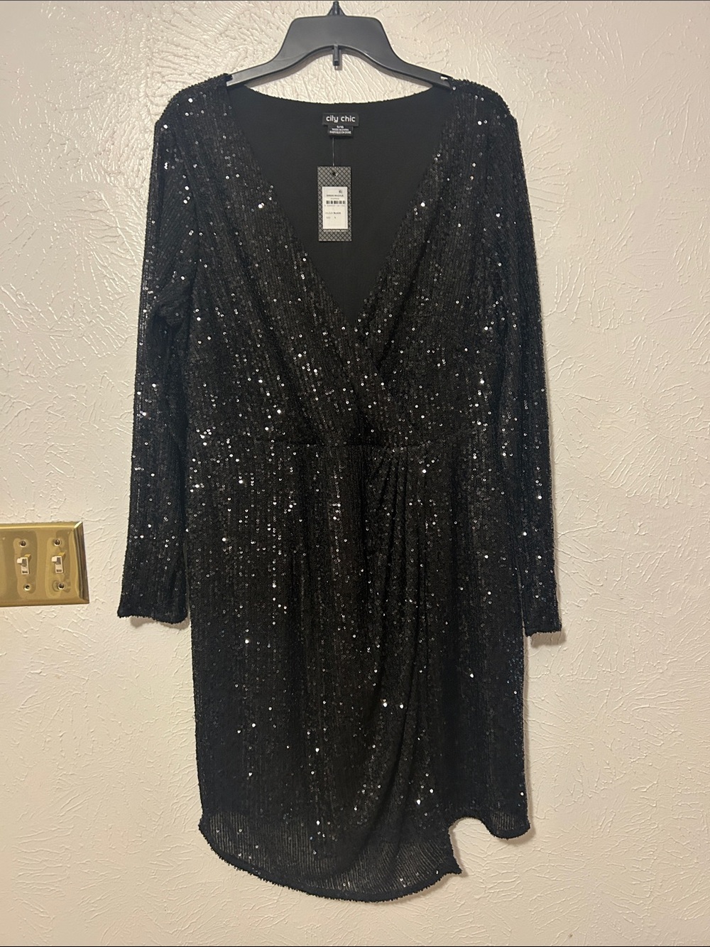 City Chic Black Sequin Long-Sleeve Wrap-Style Dress